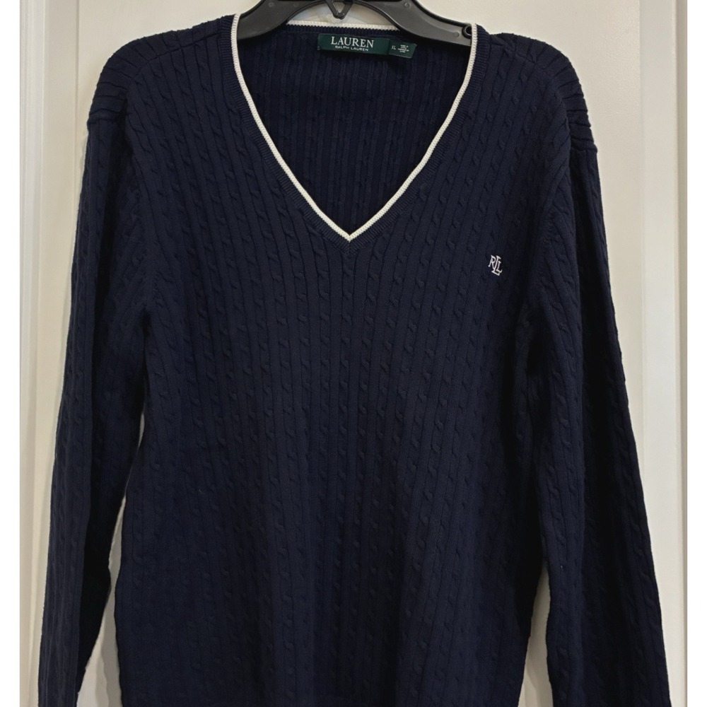 Lauren Ralph Lauren Womens Cable Knit Sweater XL Navy V-Neck Old Money Preppy - Picture 5 of 11